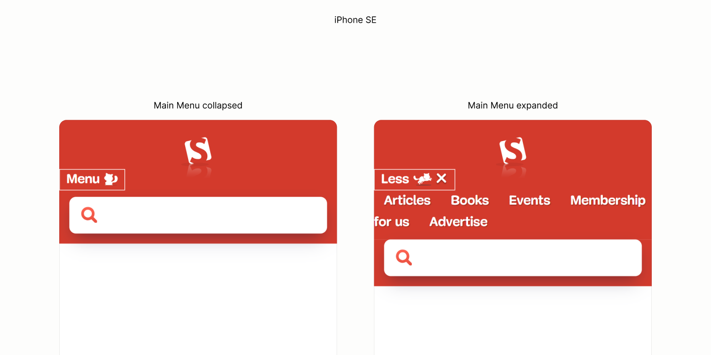 With a collapsed More Menu, the logo and the search form are centered in their rows without touching the edges, but the toggle button, unstyled, is at the left edge of the viewport. With an expanded menu, the unstyled links of the More Menu are below the button, also at the left edge of the viewport.